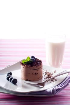 Chocolate Moose dessert on a white plate with milk