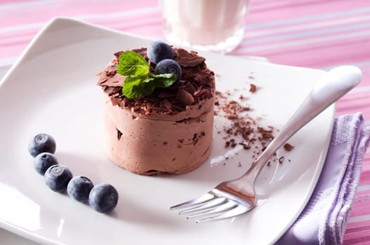 Chocolate Moose dessert on a white plate with milk