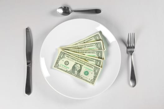 Hungry for Money with white plate isolated