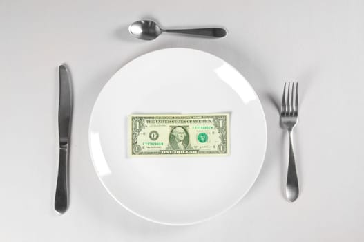 Hungry for Money with white plate isolated