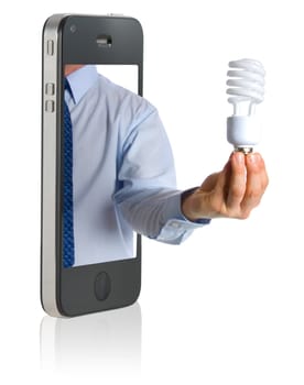 A hand holding a compact fluorescent light bulb