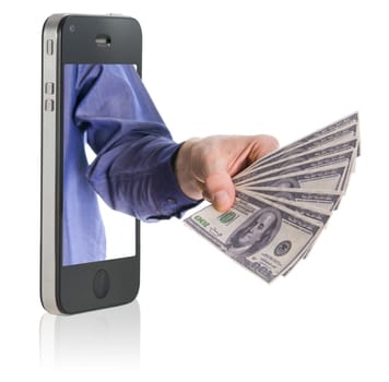 Human hand holding and giving cash money on mobile phone