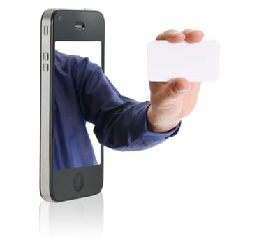 business man in a mobile phone giving a blank business card