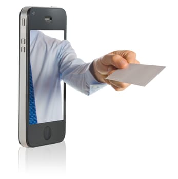 business man in a mobile phone giving a blank business card