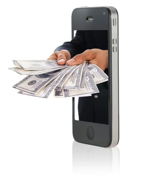 Human hand holding and giving cash money on mobile phone