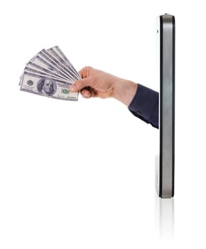 Human hand holding and giving cash money on mobile phone