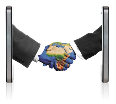 two hands shaking mobile phone concept with earth map