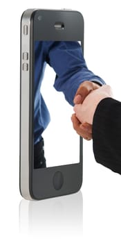 hand shake deal over a smart phone