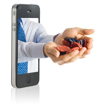 Hands poping out of a smart phone with casino chips