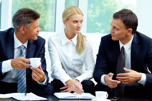 Image of successful partners discussing new ideas and strategies at meeting