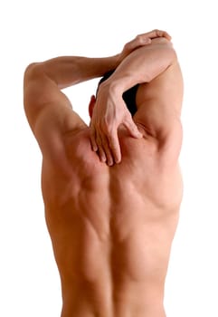 back of a man who is fit and is stretching