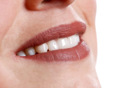 happy mouth of a woman with red lipstick