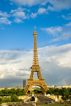Eiffel Tower in Paris with a rainbow