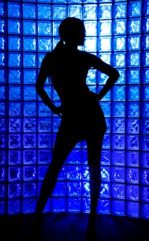 Sexy Silhouette female on a blue glass wall