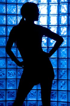 Sexy Silhouette female on a blue glass wall