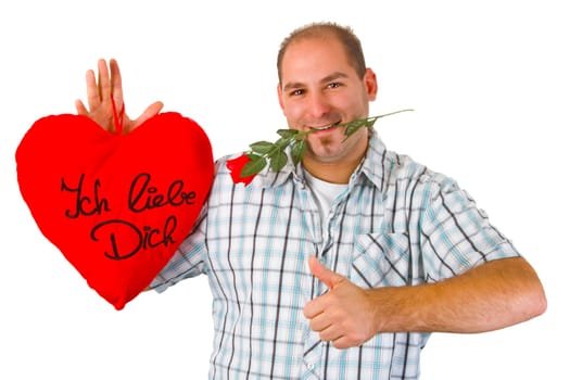 Young man with cloth heart and rose in mouth isolated on white background