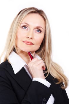 Portrait of bossy woman thinking on a white background