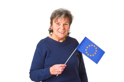 Senior woman with European flag - isolated on white background