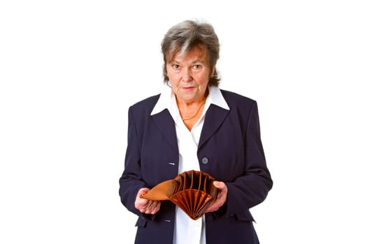 Senior woman with empty purse - isolated on white background