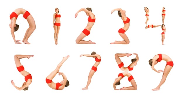 Image of young girl practicing physical exercises with her positions looking like numbers