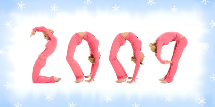 Image of young girl practicing physical exercises with her positions looking like numbers