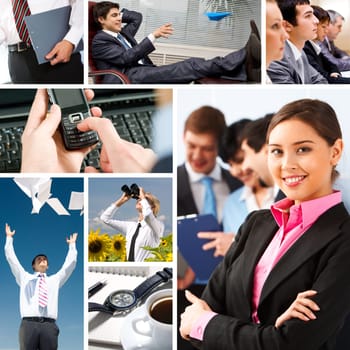 Collage with businesspeople and objects in different situations