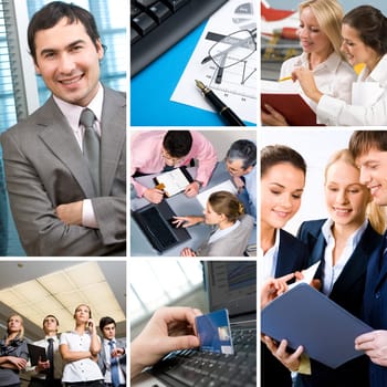 Collage with businesspeople: leader, teamwork, communication and objects