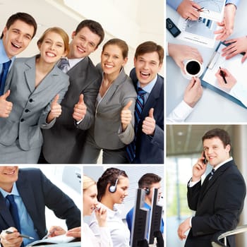 Collage with business teams, man and objects in different situations