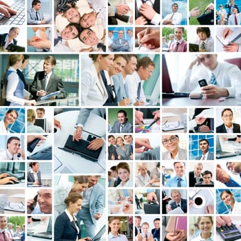 Collage with businesspeople working together and tools