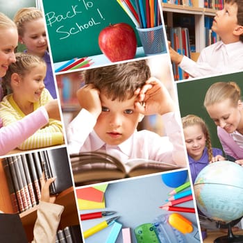 Collage of schoolchildren in studying process and education objects
