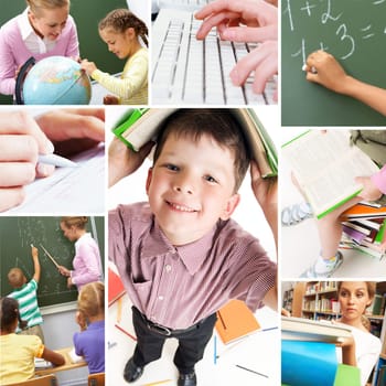 Collage of schoolchildren and studying process moments