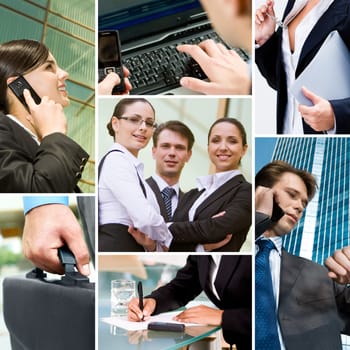 Collage with business team, calling people and other objects