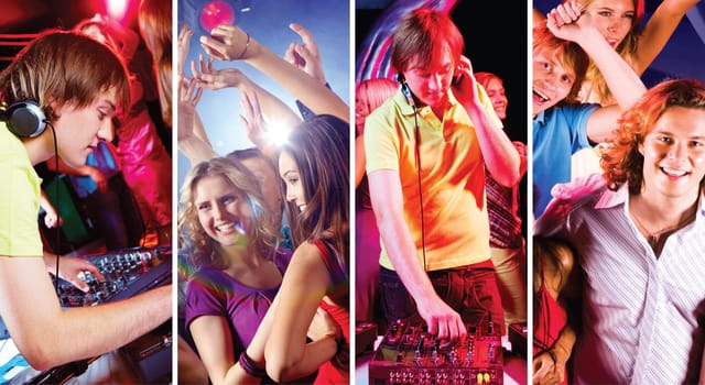 Collage of attractive young people dancing at disco and deejay at work