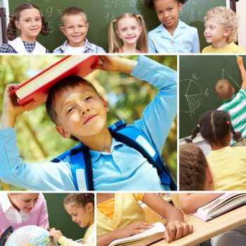 Collage of schoolchildren and studying process moments