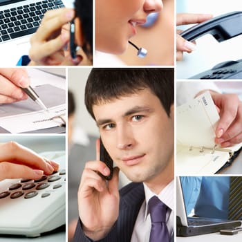 Collage with business people, telecommunication and other office objects