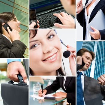 Collage with business people, telecommunication and other objects
