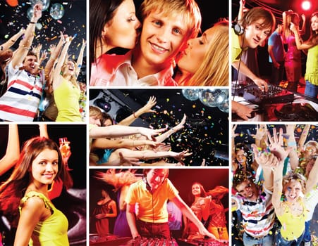 Collage of attractive young people enjoying party and deejay at work
