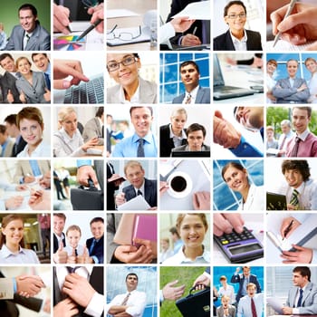 Collage with businesspeople and objects in different situations