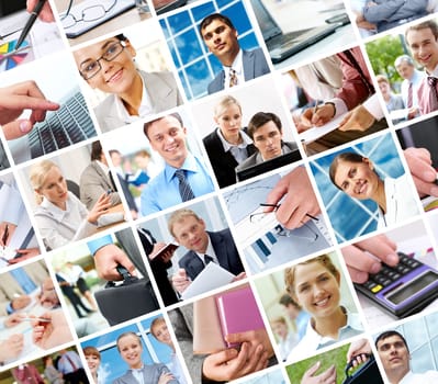 Collage with businesspeople and objects in different situations