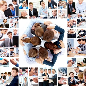 Collage of business teams working together, technology and partnership concepts
