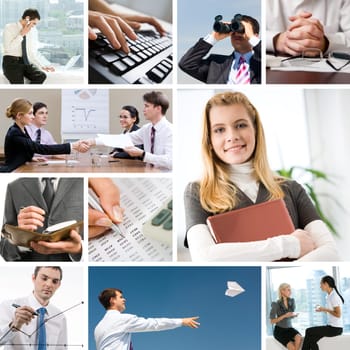 Collage with businesspeople and objects in different situations