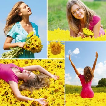 Collage made of photos with woman among sunflowers