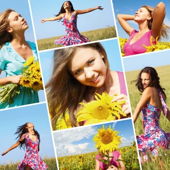 Collage made of photos with beautiful woman among sunflowers