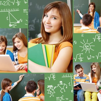 Collage of students working in group at lesson and school symbols
