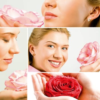 Collage made of photos with woman a rose