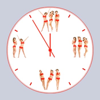 Creative image of young girl practicing physical exercises looking like numbers on clock