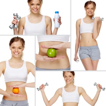 Collage made of girl practicing healthy lifestyle