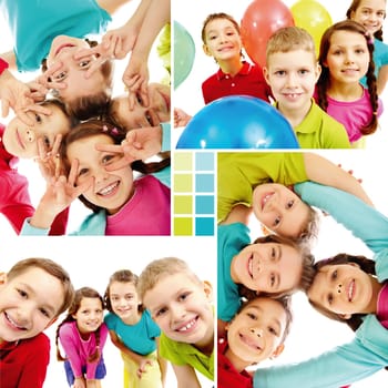 Collage of team of happy kids in joyful mood