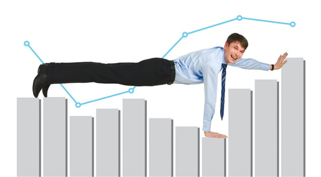 Creative photo of smiling businessman lying upon graph