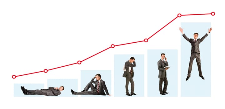 Creative photo of businessman in different moods under graph